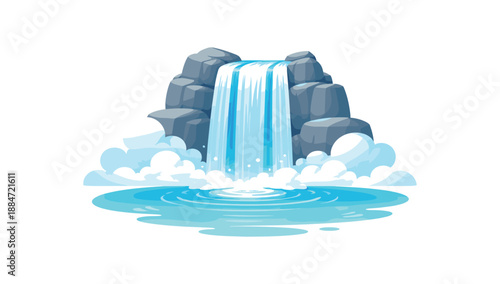 Flat vector illustration of waterfall cascading into calm pool with simple mist shapes isolated on pure white slightly style high quality no texture no grain