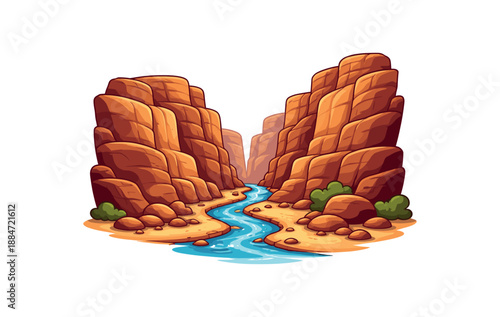 Flat vector illustration of rocky canyon with layered cliffs and narrow stream isolated on pure white slightly style high quality no texture no grain