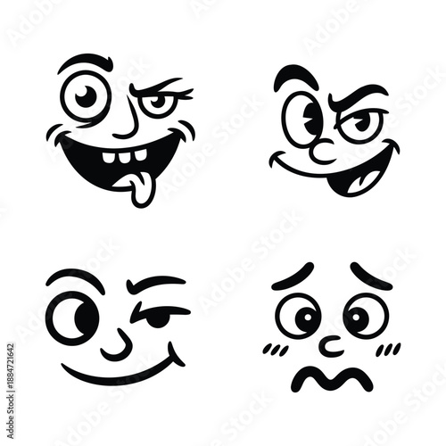 Four expressive cartoon faces with exaggerated expressions