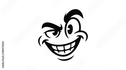 Black and White Cartoon Face with Big Smile and Winking Eye