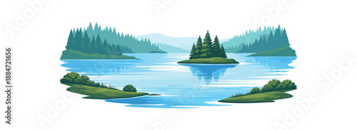 Flat vector illustration of quiet lake with layered shoreline silhouettes and small island isolated on pure white slightly style high quality no texture no grain