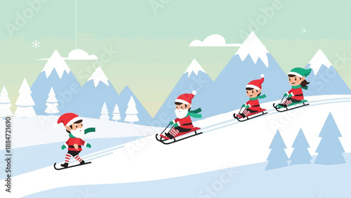 Festive children in holiday attire enjoy winter sledding down snowy slopes