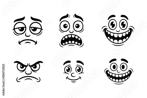 Six black and white cartoon faces showing different emotions