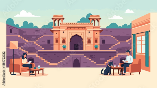 Flat art scene of people and dog near ancient structure