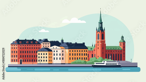 Flat illustration of a waterfront city skyline with a boat
