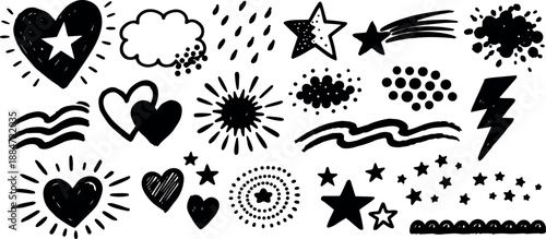 Hand drawn doodle icon set hearts stars bursts splatter strokes close up vector sheet black ink on white background playful bold