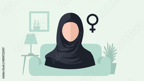 Flat illustration of a woman in a hijab sitting on a couch with a lamp and plant