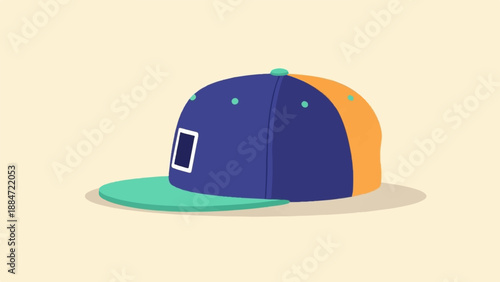 Flat brimmed cap with distinct panels, a square emblem and subtle details