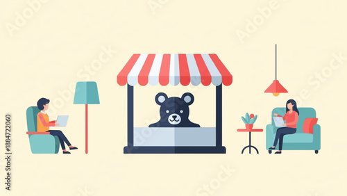 Flat cartoon illustration of people and a stall with a bear