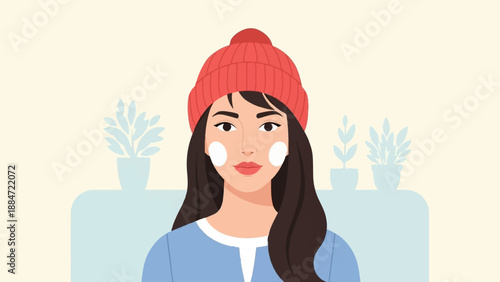 Flat illustration of a woman in a red beanie with white circles on her cheeks