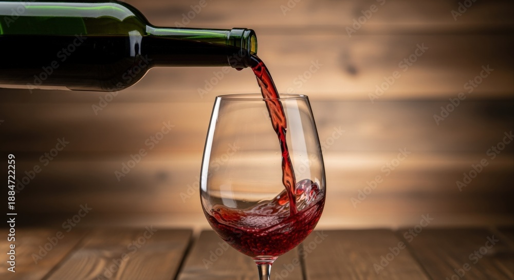 Fototapeta premium Pouring Red Wine into Glass on Wooden Surface for Tasting and Enjoyment, Celebrating Special Occasions