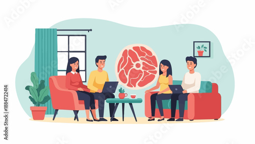 Four people sit on sofas in a living room, laptops, drinks, and art