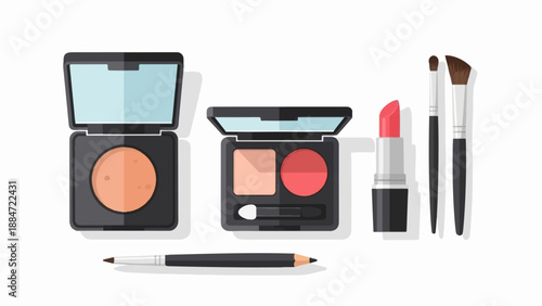 Flat illustration of makeup items including compact powder, eyeshadow, lipstick, pencil, brushes