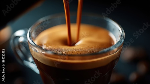 Close-up of rich espresso coffee pouring into a clear glass mug for a morning beverage
