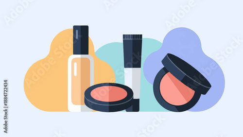 Flat illustration of makeup products against soft colorful abstract shapes