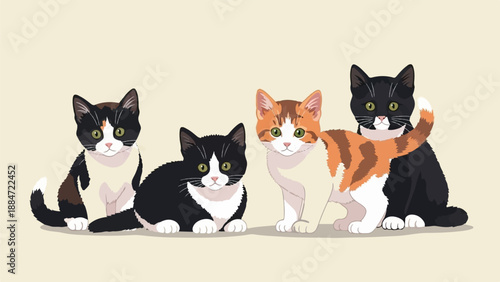 Four pixelated kittens with varied markings sitting closely together