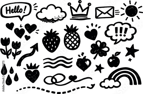 Whimsical hand drawn doodle vector icons sheet close up with hearts pineapple rainbow speech bubble black and white playful composition flat linework