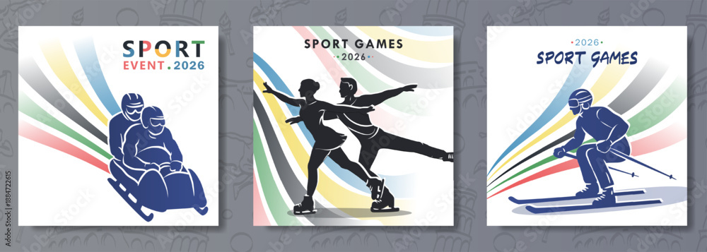 Fototapeta premium Winter sports 2026 set of posters with bobsleigh, figure skating and skiing silhouettes. Modern flat banners with Olympic lines in colors on white background, dynamic international competition cards