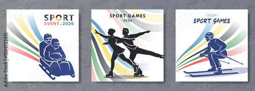 Winter sports 2026 set of posters with bobsleigh, figure skating and skiing silhouettes. Modern flat banners with Olympic lines in colors on white background, dynamic international competition cards