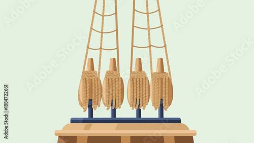 Four wooden objects with ropes and rigging against a pale green background