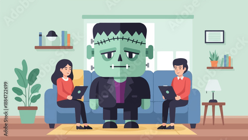 Frankenstein monster and two people sitting on a couch with laptops