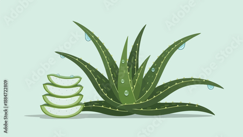 Fresh aloe vera plant with sliced pieces and water droplets