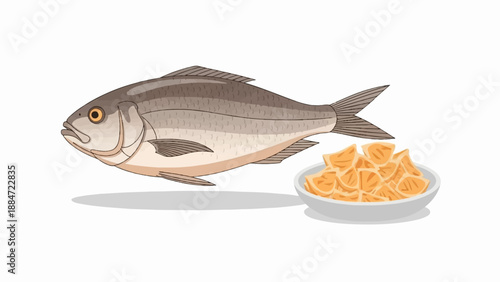 Fresh fish and a bowl of chips presented on a white background
