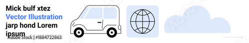 Transportation, global connectivity, travel logistics, cloud-based services, shipping technology, eco-friendly solutions. Minimalistic car, globe and cloud symbols. Transportation and global