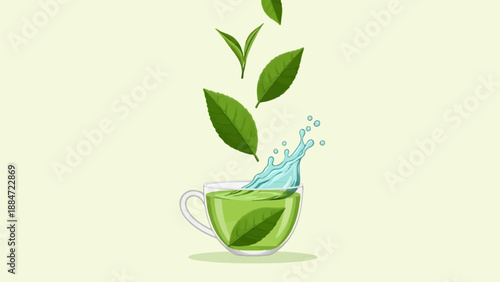 Fresh green tea leaves splashing into a clear cup of tea