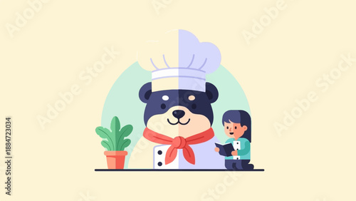 Friendly cartoon dog chef and child reading book