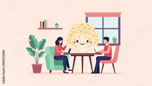 Friendly mushroom character joins people working on laptops at a table