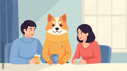 Friendly cartoon scene of a man, woman, and dog enjoying drinks