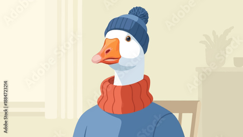Goose in winter attire, cozy indoor scene
