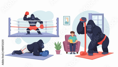 Gorillas engaged in various activities, from boxing to workout