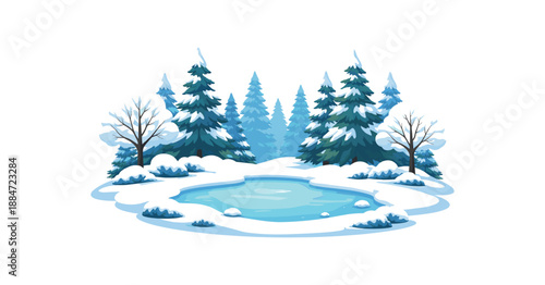 Flat vector illustration of winter forest with snowdrifts and frozen pond silhouette isolated on pure white slightly style high quality no texture no grain