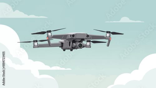 Gray drone with camera suspended in a cloudy sky