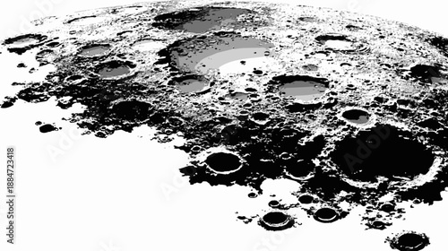 A grayscale depiction of the moon's surface, riddled with craters and stark contrasts