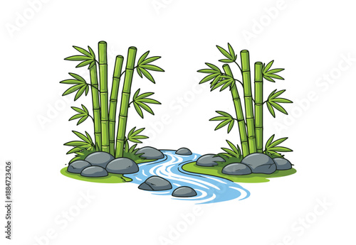 Flat vector illustration of bamboo grove with small stream and stones silhouettes isolated on pure white slightly style high quality no texture no grain