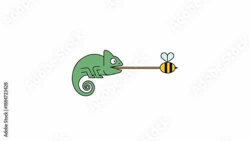 Green chameleon catches bee with long tongue on white background