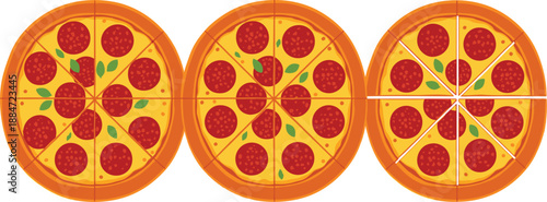 Top view illustration of whole pepperoni pizza with basil leaves and cut slices showing different fraction portions isolated on white background flat vector