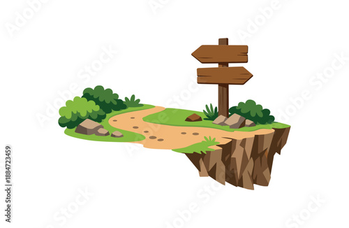 Flat vector illustration of cliffside trail with signpost shape without text and shrubs isolated on pure white slightly style high quality no texture no grain