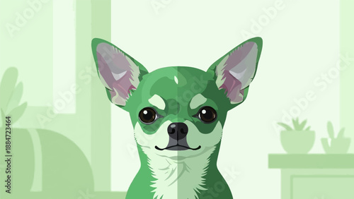 Green chihuahua portrait with subtle background elements