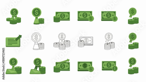 Green dollar bills and coins stacked in various financial growth illustrations