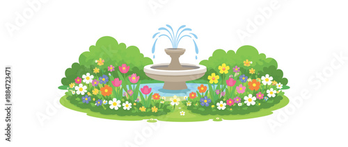 Flat vector illustration of flower garden with small fountain silhouette and bushes isolated on pure white slightly style high quality no texture no grain
