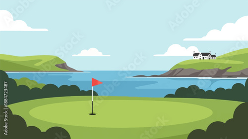 Green golf course with a red flag, by a calm blue sea and rolling hills