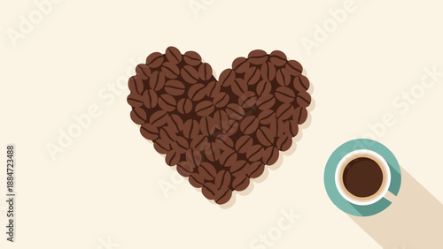 Heart made of coffee beans next to a cup of coffee