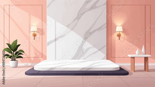 Interior scene with a podium, plant, table, and wall sconces