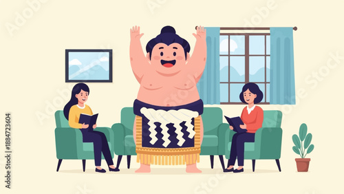 Interior scene with a smiling sumo wrestler and two people reading on couches
