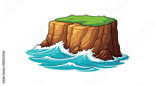 Flat vector illustration of single coastal cliff with ocean waves below isolated on pure white slightly style high quality no texture no grain