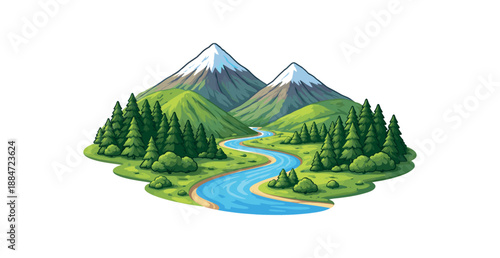 Flat vector illustration of single mountain valley with winding river isolated on pure white slightly style high quality no texture no grain